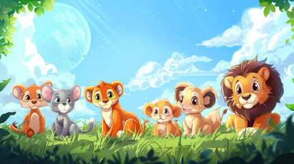 a children, fable style happy baby lion, happy baby wolf, happy baby monkey, happy baby elephant, happy baby fox and shining open blue sky above them, sitting on green grass