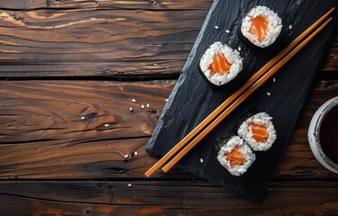 Sushi on a Black Plate With Chopsticks