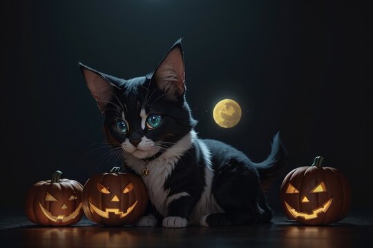 Halloween wallpaper cute little cat and glowing pumpkin