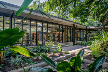 An exterior of a school library extension, with large, inviting windows and comfortable outdoor...