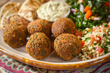 A beautifully arranged plate of falafel, accompanied by bright green tahini sauce and a side of tabbouleh. 