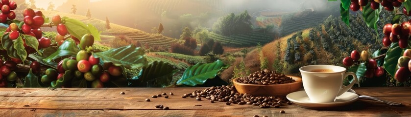 A cozy coffee scene featuring a cup of java, fresh organic beans, and a scenic backdrop of coffee plantations