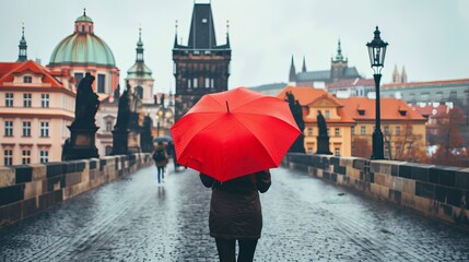 Woman with a vibrant red umbrella crossing the historic charles bridge in picturesque prague city