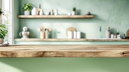 Wooden light empty countertop on the background of a modern light green kitchen, kitchen panel with accessories in the interior. Scene showcase template for promotional items, banner, copy space