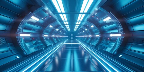 Futuristic spaceship interior corridor design, blue background 3D room light abstract space technology tunnel stage floor. Empty white future 3D neon background.