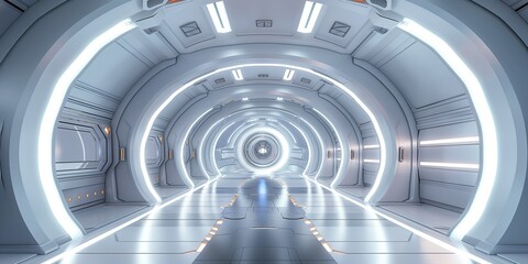 Futuristic spaceship interior corridor design, white background 3D room light abstract space technology tunnel stage floor. Empty white future 3D neon background.