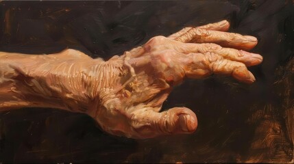 An art piece showcasing the hand of a person with arthritis, highlighting the swollen joints and limited range of motion