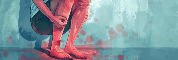 An illustration capturing the discomfort of gout knee pain, with emphasis on redness, swelling, and sharp pain