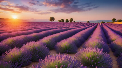 Summer field with blooming lavender flowers against the sunset sky. Beautiful nature landscape, vacation background, famous travel destination. Picturesque nature view, bright sunset sunrise, Provence
