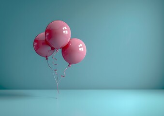Three pink balloons floating against a pastel blue background, happy birthday party