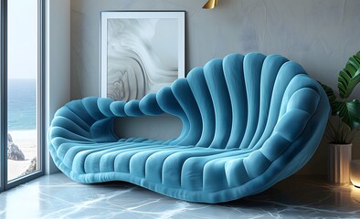 Modern blue velvet sofa, design inspired by a sea shell, luxurious interior.