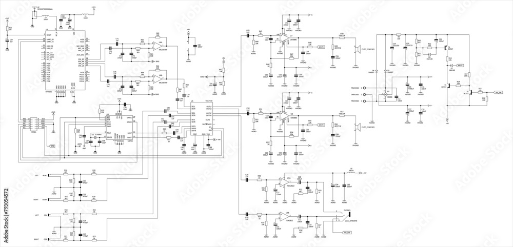 Sticker Schematic diagram of electronic device.
Vector drawing electrical circuit with 
operational amplifier,
integrated circuit, diode, 
resistor, capacitor, transistor
on white background of paper sheet. 