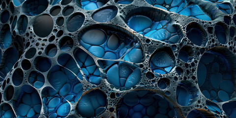 An array of interconnected blue bubbles forms a complex pattern, featuring varying sizes and degrees of transparency. The bubbles create a captivating abstract texture that resembles a cellular struct - obrazy, fototapety, plakaty