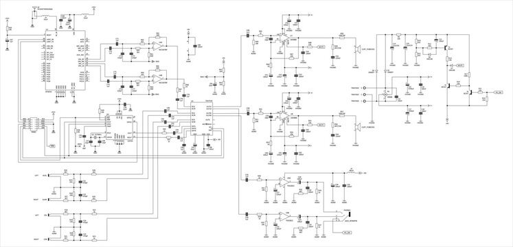 Schematic diagram of electronic device.
Vector drawing electrical circuit with 
operational amplifier,
integrated circuit, diode, 
resistor, capacitor, transistor
on white background of paper sheet. 