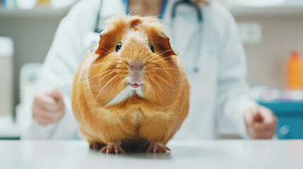 Cute pet, red guinea pig in the veterinarian's office, against the background of a blurred silhouette of the doctor. Animal health concept, feeding and caring for them