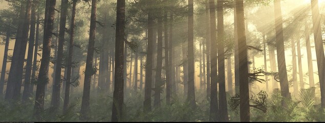 Forest in the morning in a fog in the sun, trees in a haze of light, glowing fog among the trees, 3D rendering - 793054962
