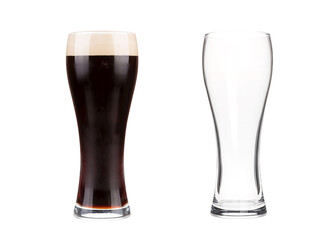 Two beer glasses isolated on white background. Mug filled with draft beer with bubbles and foam and...
