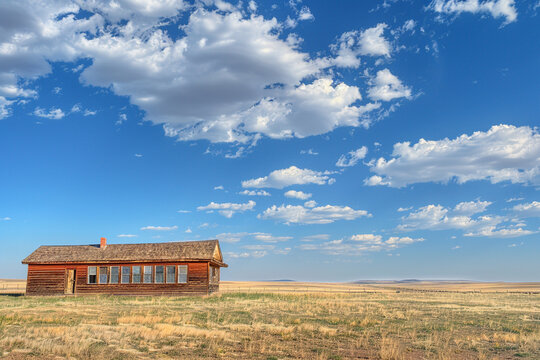 A rural school exterior with a wooden facade, set against the backdrop of a vast, open prairie under a wide, blue sky.
