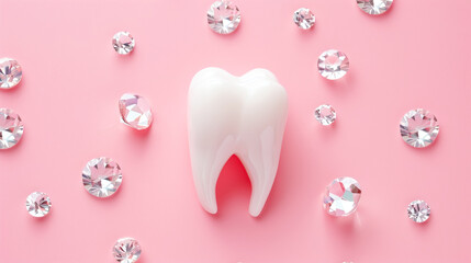 Model of a white human tooth, molar and jewelry made of small sparkling stones, diamond rhinestones pink background. The concept of dental care and health, dental decoration 