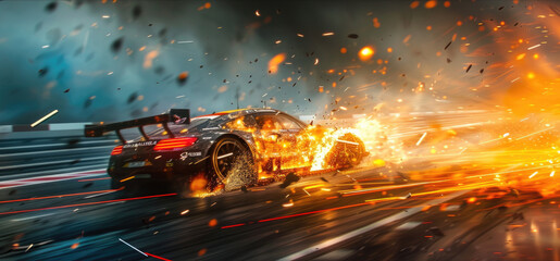 Panoramic view of sports car driving with fire, smoke and sparks on dark background, burning...