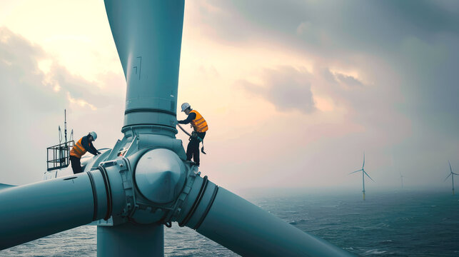 Workers stand on wind turbine top in sea at sunset, engineers perform maintenance of windmill in ocean. Concept of energy, power, sustainable development, technology