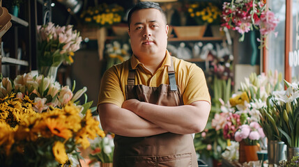 Smiling salesman in a flower shop, with crossed arms among bright flowers. Male owner of a small business at the workplace