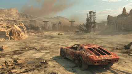 Old rusty car at post apocalypses, view of vintage vehicle and rocks in desert like fantasy movie. Concept of dystopia, race, sport, steampunk and apocalyptic future