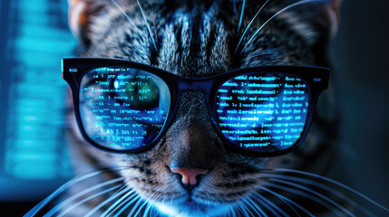 Hacker works in dark room, cat wearing glasses uses computer. Concept of spy, cyber technology, hack, vulnerability, humor, scam, fraud and virus