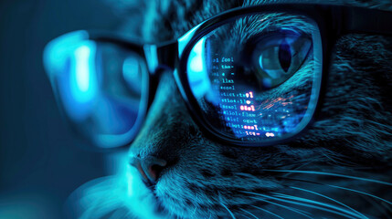 Face of cat hacker working in dark room close-up, computer code reflected in his glasses. Concept of spy, ransomware, cyber technology, hack, humor, scam, fraud and virus