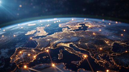 World global network in Europe, digital polygonal grid and lights on Earth globe on space background. Concept of connect, map, tech, worldwide, satellite and future