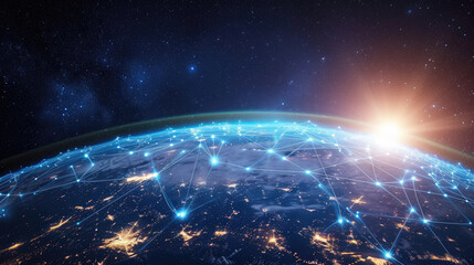 World global network background, digital polygonal grid Earth globe and sun in space. Concept of connect, map, tech, internet, satellite and future.