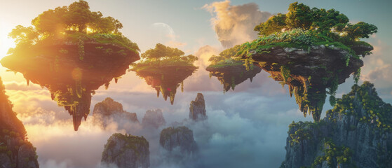 Flying islands in alien world at sunset, panoramic surreal mountain landscape with land floating in sky. Concept of fantasy, green planet, clouds, forest.