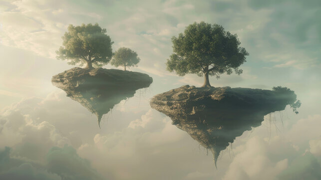 Flying islands in alien world, surreal misty landscape with land floating in sky. Concept of fantasy, fairy green planet, clouds
