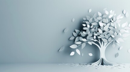 A tree with white leaves is on a white background in paper craft style
