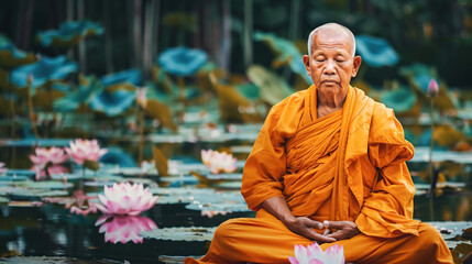 An elderly monk dressed in orange robes meditates among bright lotus flowers, symbolizing purity and enlightenment. Religion, traditional eastern meditation, prayer, spiritual practice