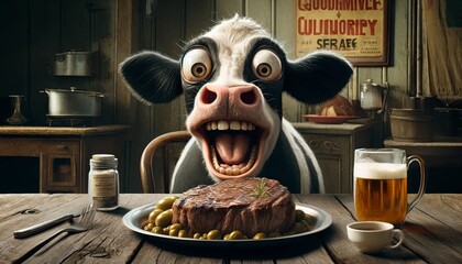 A cow is eating a steak in a restaurant. The cow has a big smile on its face and is surrounded by various utensils and food items. The image conveys a lighthearted and humorous mood
