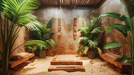A tropical photoshoot room adorned with vibrant palm leaves and a sandy floor. A small, wooden step...
