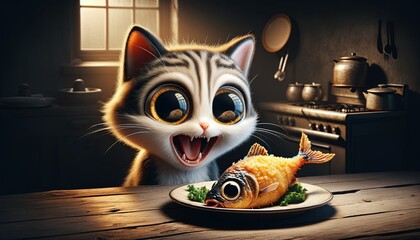A cartoon cat is sitting at a table with a fish on a plate in front of it. The cat is smiling and he is excited about the fish. The scene is playful and lighthearted