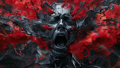 A person with a mouth open and a face covered in red paint. The painting is abstract and has a dark mood