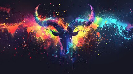A colorful painting of a ram with a black eye. The painting is full of bright colors and has a lot of splatters of paint