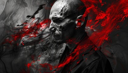 A man with a face covered in red paint and smoke