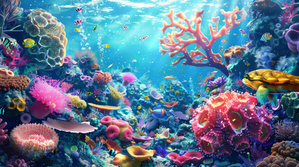 Illustrate a vibrant underwater world with exotic sea creatures.