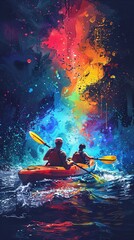 Two people are paddling a canoe in a rainbow colored stream