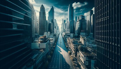 A cityscape with a large empty road in the middle