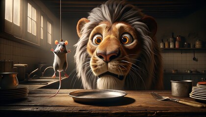 A cartoon lion is looking at a mouse on a plate