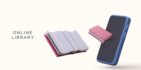 3d realistic Electronic books in phone on white background. Vector illustration.