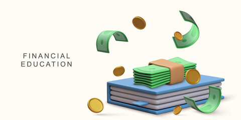 3d realistic Financial education concept on white background. Vector illustration.