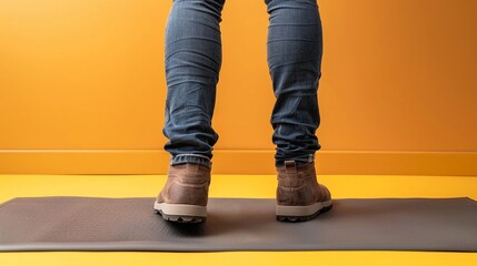 Close-up of a man's legs from the back, standing in front of a large, vivid yellow wall, there is a connotation of the front is an obstacle.