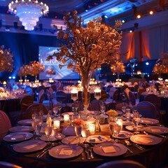 A corporate gala event with elegant d&eacute;cor and sophisticated attendees, celebrating achievements.
