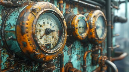 Closeup, weathered gauges on rusty factory equipment, futuristic cityscape through window 3D render - obrazy, fototapety, plakaty